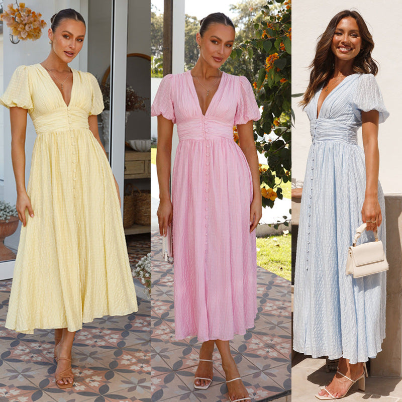 Elegant sommarklänning med puffärm och slank midja – V-ringning och A-linje - Fyvra