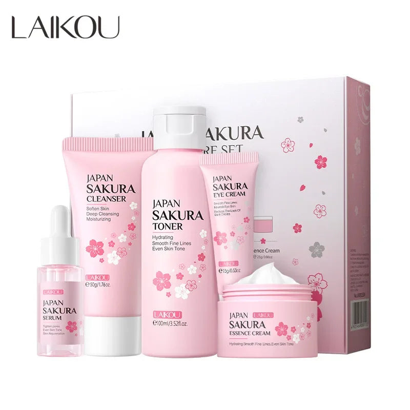 LAIKOU Sakura Skin Care Set – 5-delars Koreansk Hudvård med Serum, Ögonkräm & Ansiktskräm | Fyvra - Fyvra