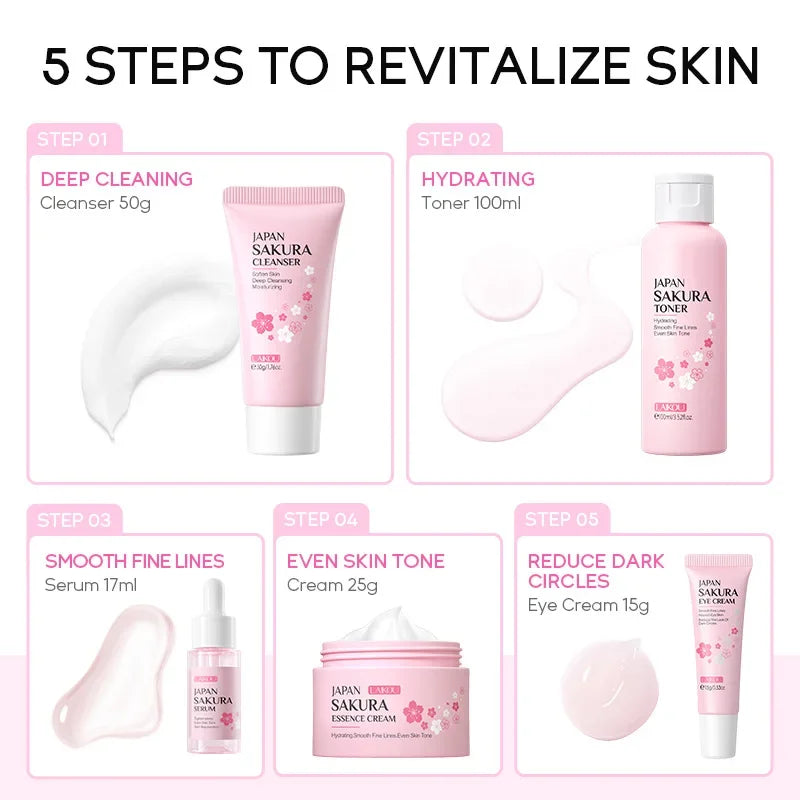 LAIKOU Sakura Skin Care Set – 5-delars Koreansk Hudvård med Serum, Ögonkräm & Ansiktskräm | Fyvra - Fyvra