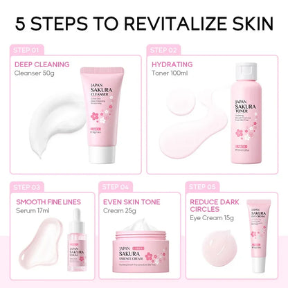 LAIKOU Sakura Skin Care Set – 5-delars Koreansk Hudvård med Serum, Ögonkräm & Ansiktskräm | Fyvra - Fyvra