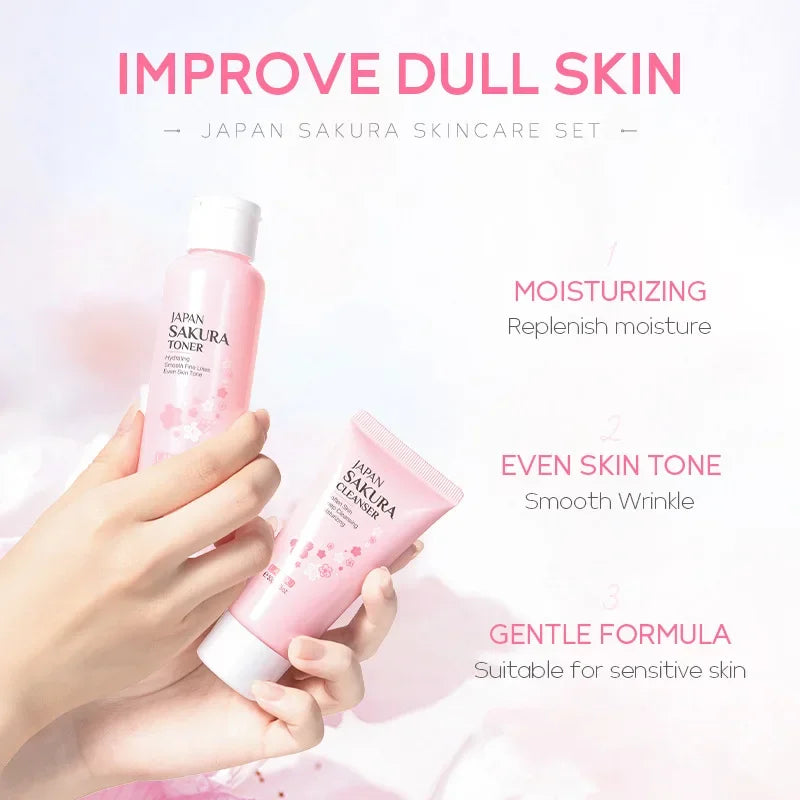 LAIKOU Sakura Skin Care Set – 5-delars Koreansk Hudvård med Serum, Ögonkräm & Ansiktskräm | Fyvra - Fyvra