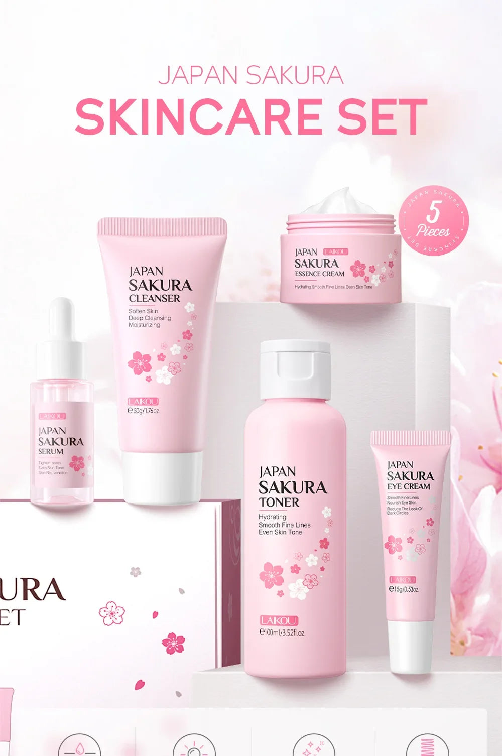 LAIKOU Sakura Skin Care Set – 5-delars Koreansk Hudvård med Serum, Ögonkräm & Ansiktskräm | Fyvra - Fyvra